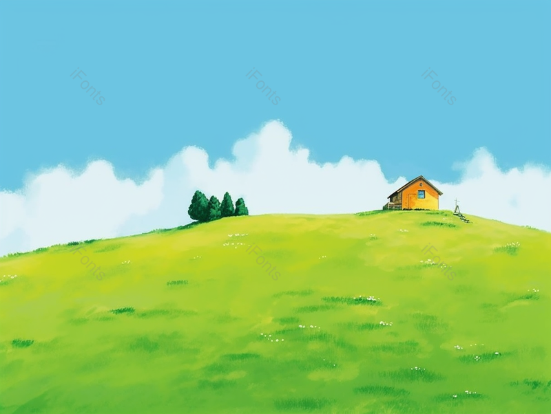 蓝天白云天气晴朗在绿色的山头有一栋房子和一片树木手绘插画背景,插画/手绘图,插画/手绘图库,插画/手绘图下载,插画/手绘